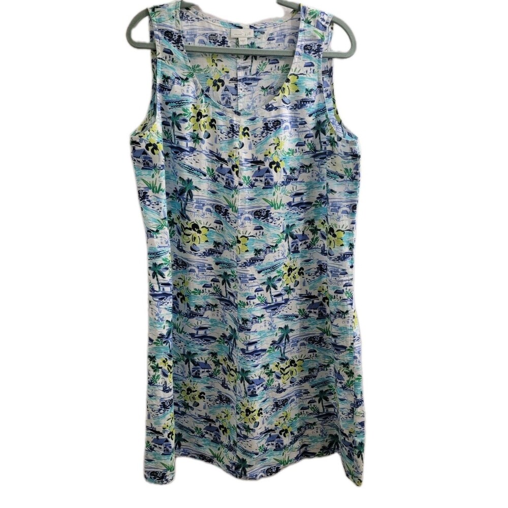 J. Jill Love Linen Sleeveless Tropical Coastal Print Dress Size L 100% Linen